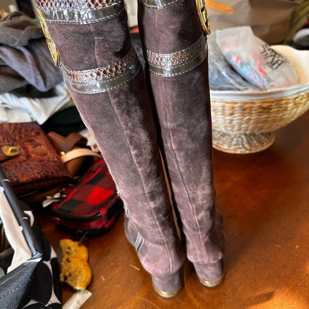 Tori Burch size 7 Brown Gold‎ Sabina suede and snake tall riding heeled boots